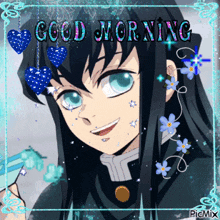 a picture of a girl with long hair and the words good morning