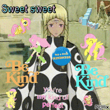a picture of a girl surrounded by ponies with the words sweet sweet on top