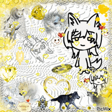 a picture of a cat and a wolf with the words falling in love on the bottom right