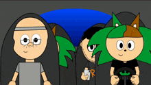 a group of cartoon characters with one wearing a shirt that says " r "