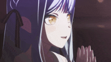 a close up of a girl with blue hair