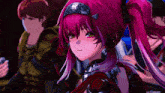 a girl with pink hair and a crown on her head looks at the camera