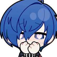 a drawing of a boy with blue hair and a heart in his eyes
