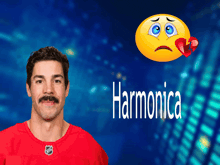 a man with a mustache is standing in front of a blue background with the word harmonica on it
