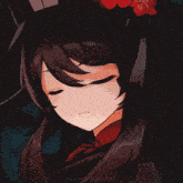 a close up of a anime girl with red eyes wearing a hat