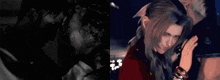 a man and a woman are hugging each other in a black and white photo and a video game scene .