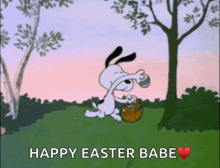 a cartoon of snoopy holding an easter egg with the words happy easter babe
