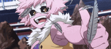 a pink and white anime character is holding feathers in her hands