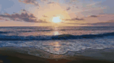 the sun is setting over the ocean and the waves are breaking on the beach