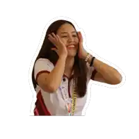 a woman wearing a lanyard that says " committee " on it