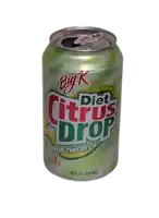 a can of big k diet citrus drop soda is sitting on a white background