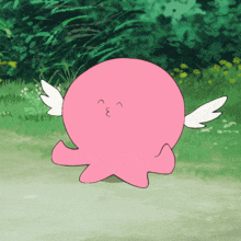 a pink cartoon character with white wings is standing in a field