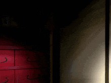 a cartoon of a fox standing in a dark room with a red drawer behind it