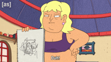 a cartoon of a woman holding a notebook with the words duh on her belly