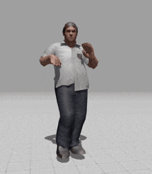 a 3d model of a man in a white shirt and jeans is dancing