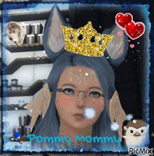 a picture of a woman with a crown on her head and the name pommy mommy on the bottom