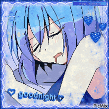 a pixel art of a girl with blue hair and the words goodnight