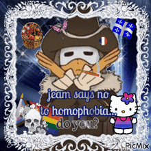a cartoon of a man smoking a cigarette with the words jean says no homophobia do you
