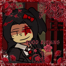 a good evening greeting card with a girl in a suit