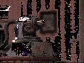 a pixelated image of a man in a suit and tie sitting in a chair