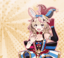 a girl with bunny ears is wearing a jester hat