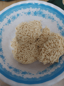a bowl of noodles with a blue and white rim