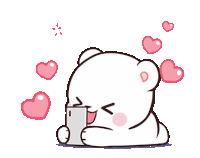 a cartoon of a teddy bear holding a cell phone with hearts around it .