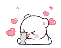 a cartoon of a teddy bear holding a cell phone with hearts around it .