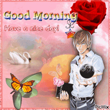 a good morning have a nice day greeting card with a man holding a book