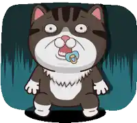 a cartoon cat with a pacifier in its mouth making a funny face