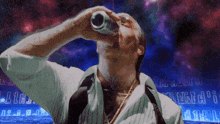 a man drinking from a can with a blue background that says " i am lost "