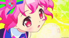 a girl with pink hair and red eyes is wearing a shield on her head