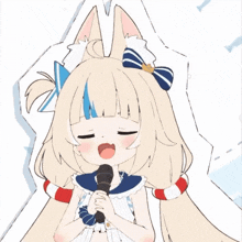 a cartoon of a girl singing into a microphone with her eyes closed