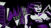a black and white drawing of a naked woman in a purple dress
