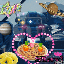 a robot is surrounded by planets and a pizza with smiley faces on it and a sign that says bff