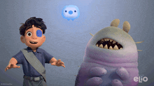a boy standing next to a monster with the word elio on the bottom