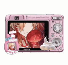 a pink sony camera shows a picture of a girl