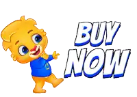 a cartoon character is pointing to the word buy now