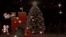 a christmas scene with santa claus and his reindeer and two candles