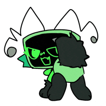 a cartoon drawing of a green and black cat