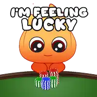 a cartoon character holding stacks of poker chips with the words i 'm feeling lucky above him