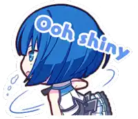 a cartoon girl with blue hair and the words ooh shiny