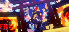 a man with red hair is standing in front of a city at night