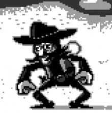 a black and white pixel art drawing of a cowboy with a gun .