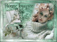 a picture of a woman with flowers on her head and the words " bonne journee " on the bottom
