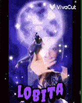 a woman is holding a wolf in front of a full moon and the name lobita is on the bottom