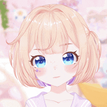 a girl with short blonde hair and blue eyes