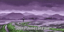 a pixel art of a girl running through a field with the words ladorn slimecorp pin written below her