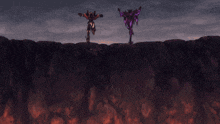 two robots standing on top of a rocky cliff