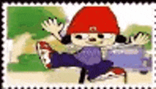 a postage stamp with a cartoon character holding a skateboard .